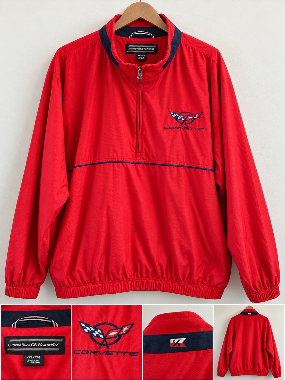 Corvette. Cutter & Buck Red Quarter-Zip Windbreaker with Navy Trim